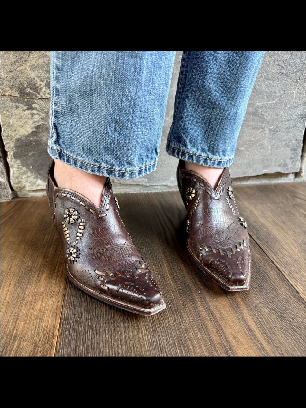 BCBGirls Brown Gold Leather Low Heel Cowgirl Western  Ankle Boots Size 9.0 B - Picture 13 of 14